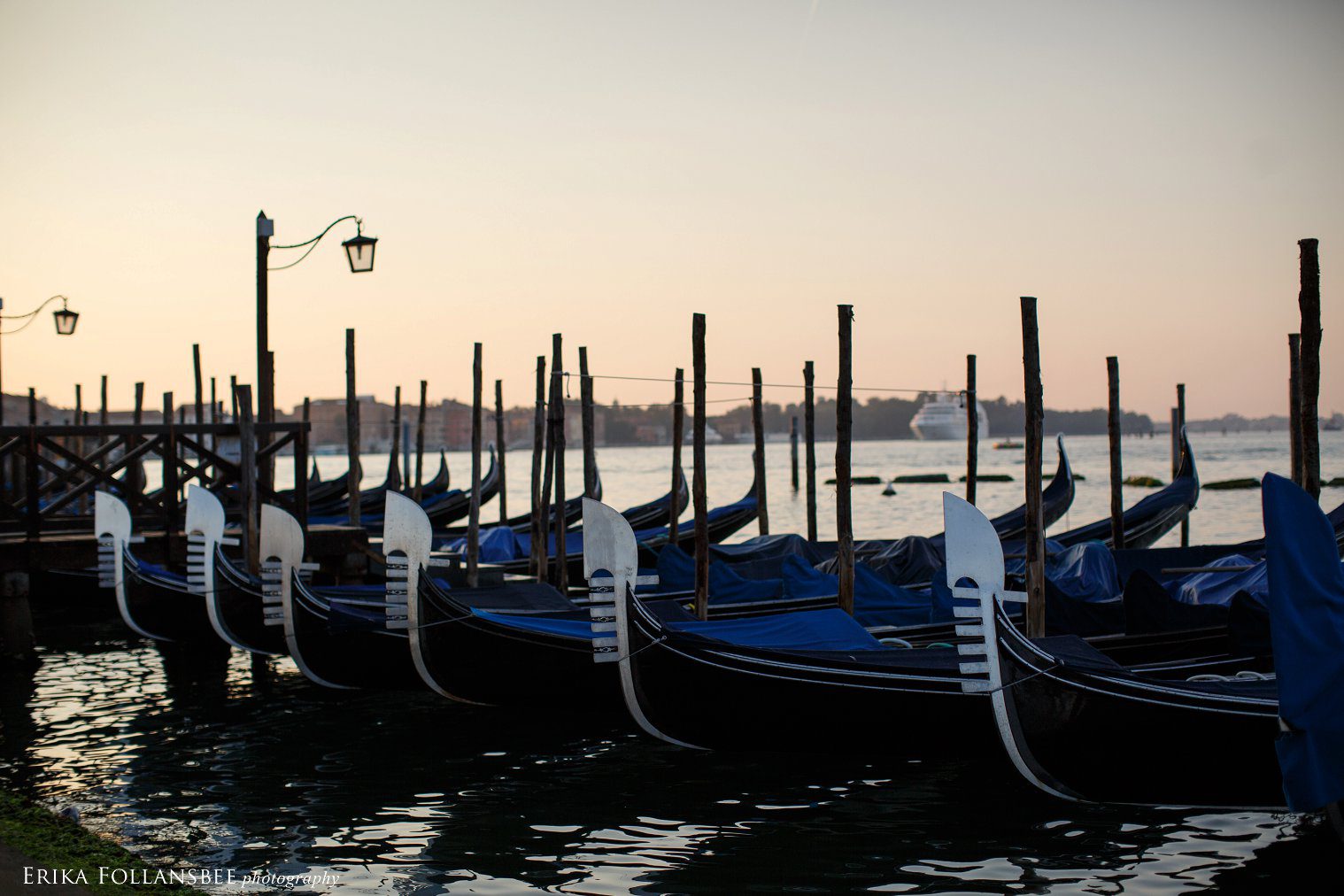 Summer sunrise over the gondolas in Venice