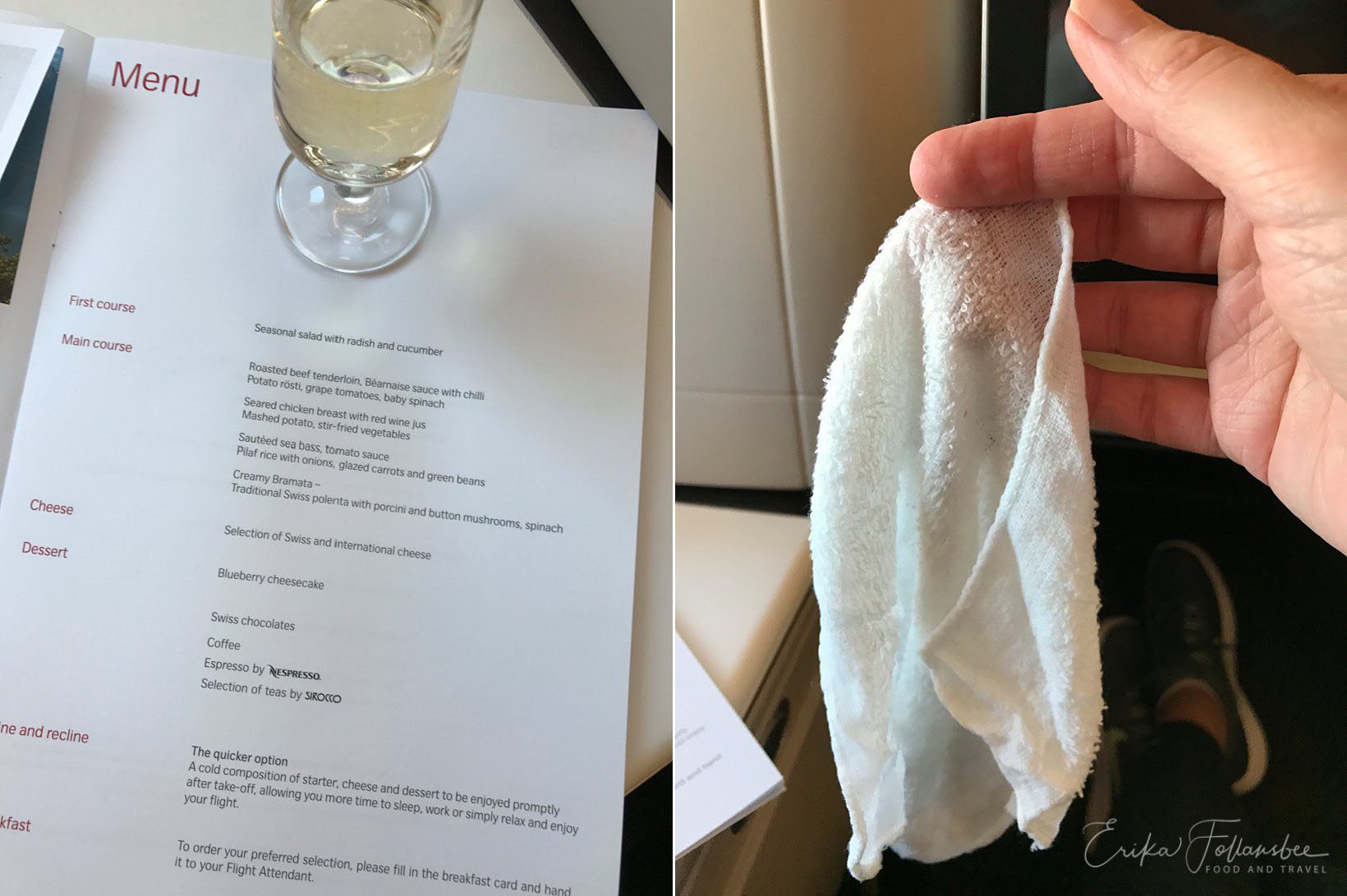 Swiss Air Business Class Menu and Hot towel