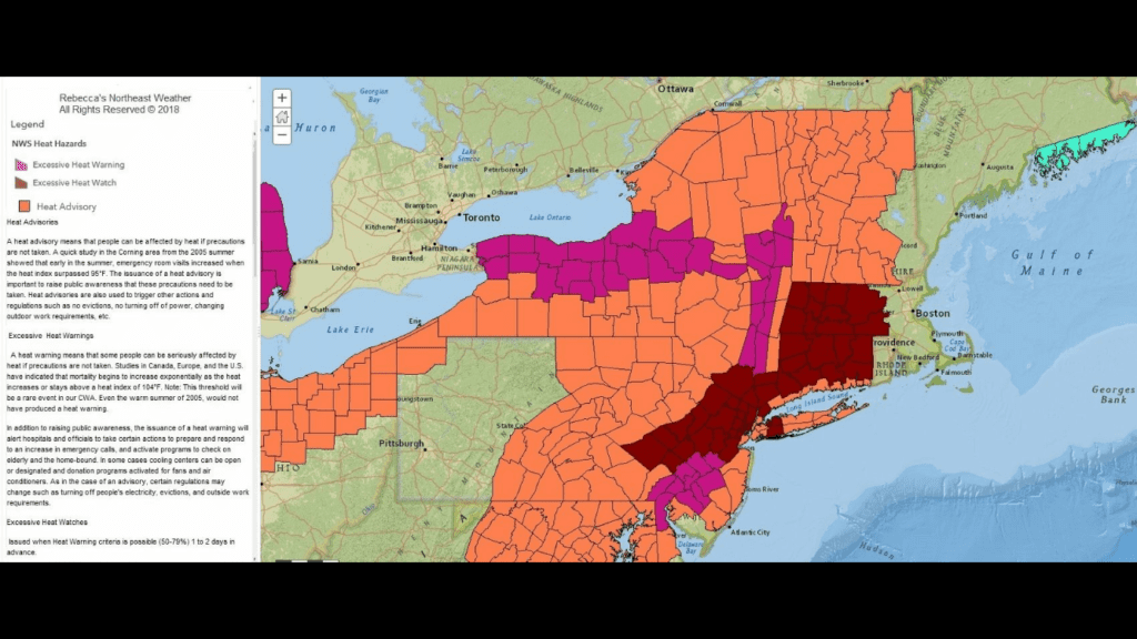 Weather map of the heat warning during our road trip