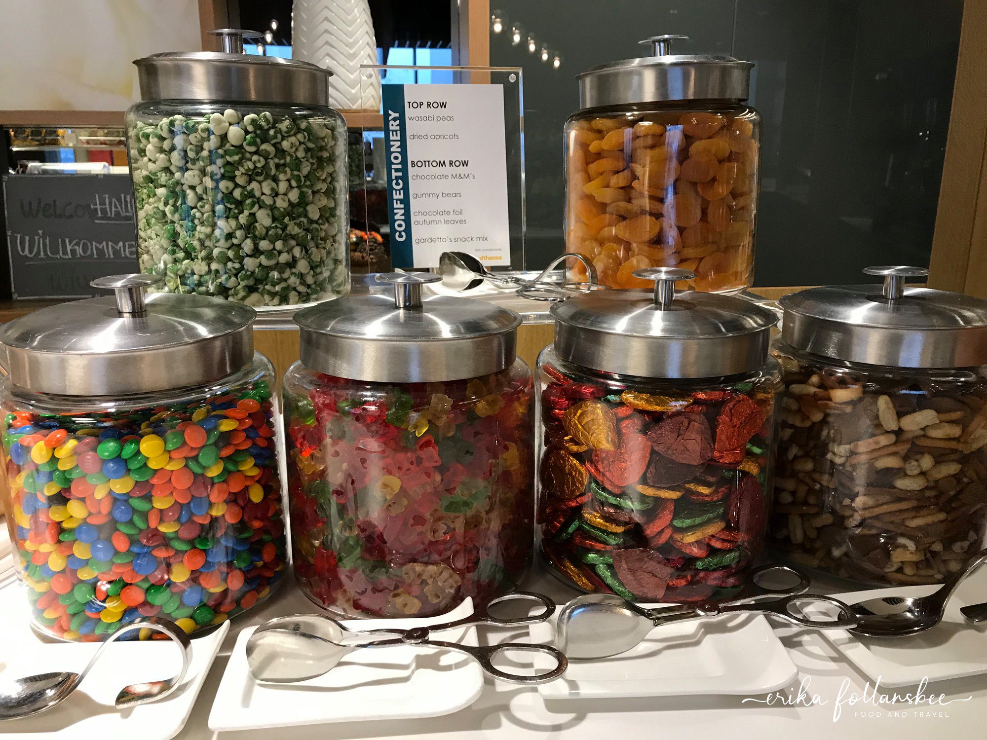 Candy jars in Lufthansa business lounge, Boston Logan Terminal E