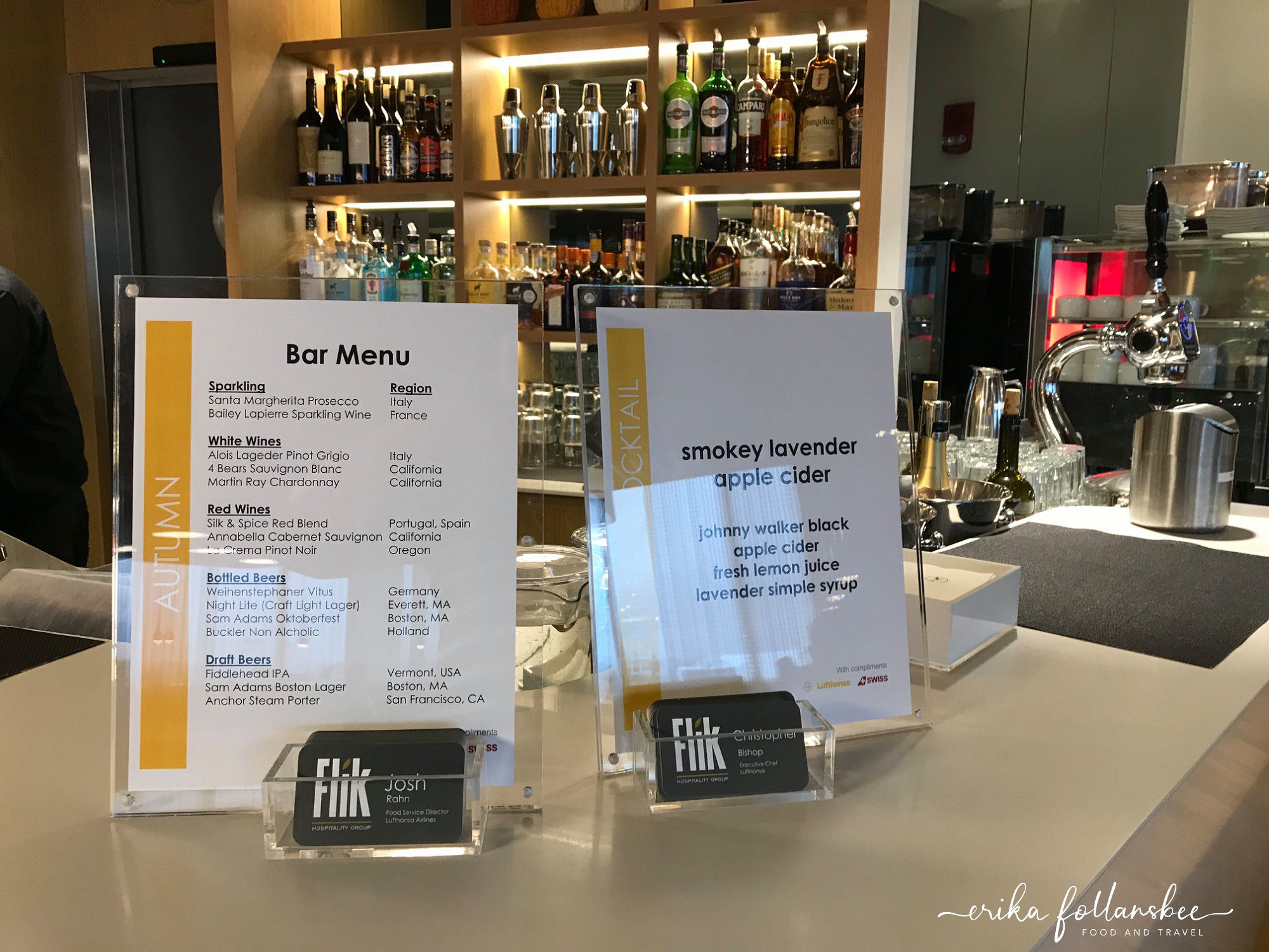 Bar menu in Lufthansa business lounge, Boston Logan Terminal E