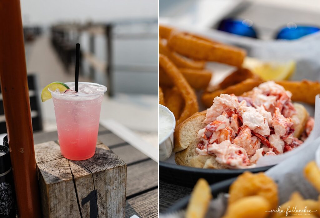 Sailmaker cocktail and Lobster Roll at Pepperrell Cove in Kittery, Maine | Frisbee's Wharf waterfront outdoor dining