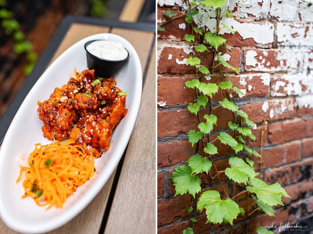 Outdoor seating in The Grotto at The Stage Restaurant in Keene NH | Korean Popcorn Chicken